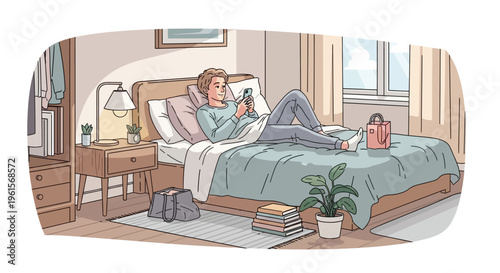 Woman Relaxing on Bed with Phone.