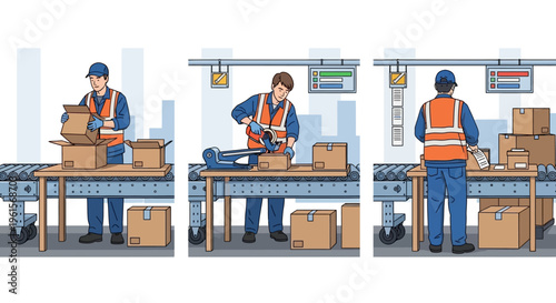 Worker in orange safety vest packing.