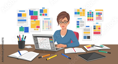 Woman working on laptop computer desk.