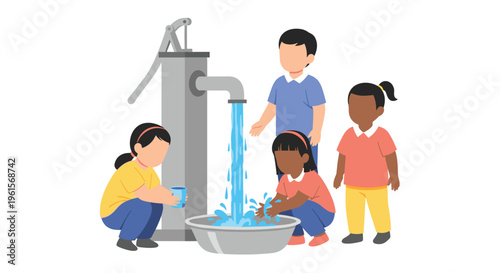 Four diverse children gather around a hand pump, with water gushing into a basin for washing and collecting.