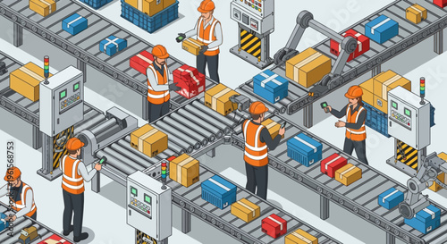 Workers on a factory assembly line.