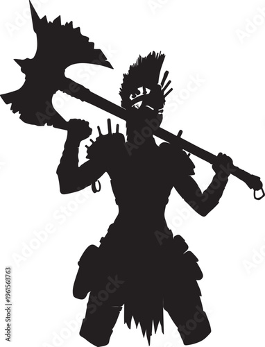A striking black silhouette of a formidable warrior, inspired by the Junker Queen, wielding a large, jagged axe over her shoulder, ready for battle on a white background.