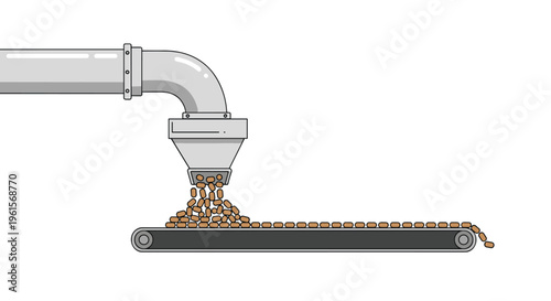 A grey industrial pipe funnels brown pellets onto a moving conveyor belt against a clean white background.