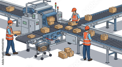 Workers on a factory conveyor belt.