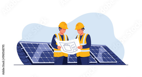 Two male technicians in hard hats review a blueprint on a rooftop with solar panels under a light blue sky.