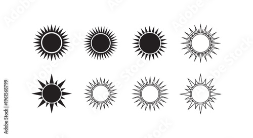 Collection of various sunburst designs in black and white colors