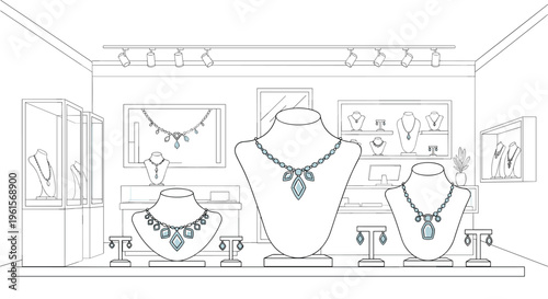 A detailed line art illustration depicts the interior of a jewelry store with necklaces on display mannequins and in glass cases.
