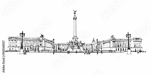 Sketch of trafalgar square with nelson s column and surrounding buildings