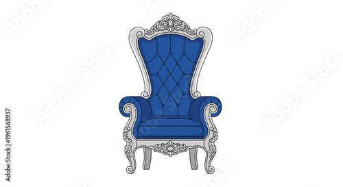 A grand blue upholstered armchair with intricate silver baroque carvings is displayed on a white background.