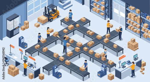 Workers on assembly line production.