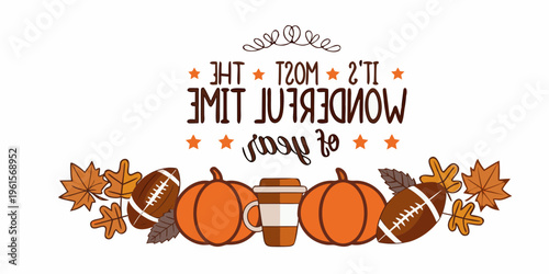 A festive autumn illustration featuring pumpkins footballs and fall leaves
