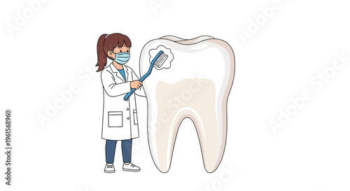 A female dentist wearing a mask brushes a giant molar tooth with a large toothbrush.