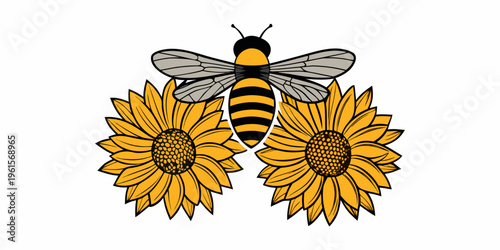 A stylized bee illustration hovering near two bright yellow sunflowers