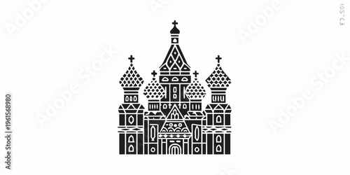Stylized black and white illustration of a traditional russian orthodox church