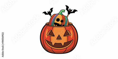 A colorful pumpkin character peeks out from a carved jack o lantern
