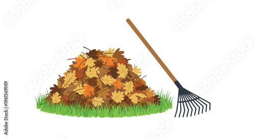 A large, irregular pile of autumn leaves in shades of brown, orange, and yellow sits on a patch of vibrant green grass with a rake leaning nearby.