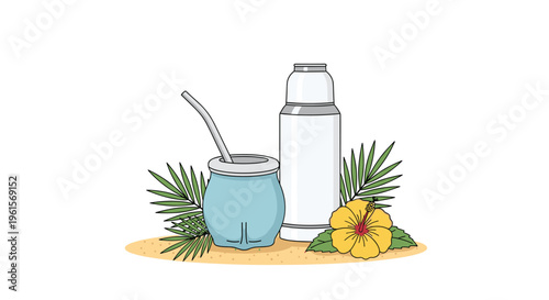 A light blue mate gourd with a silver straw and a white thermos stand on a patch of sand, flanked by green palm fronds and a yellow hibiscus flower.