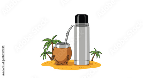 A brown mate gourd with a silver straw and a silver thermos with a black cap stand on a patch of sand, flanked by two small green palm trees.