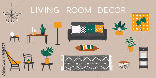 Stylized illustration of a modern living room decor arrangement