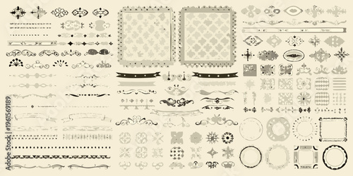 Vintage ornamental elements and decorative borders collection in grayscale