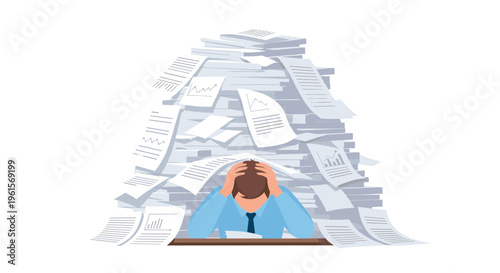 A man with light brown hair clutches his head in his hands, appearing overwhelmed by a towering pile of documents on a small brown desk.