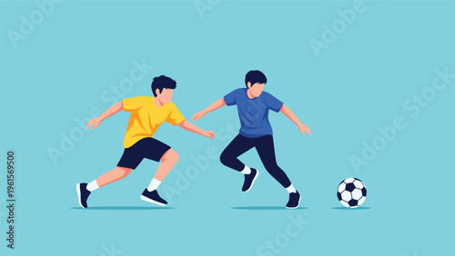 Two young male soccer players in yellow and blue jerseys competing for the ball during an intense football match on a light blue background.