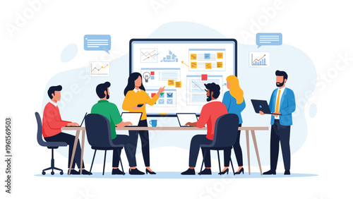 Team of creative professionals collaborating on a project by using a large interactive whiteboard filled with notes, diagrams, and tasks.