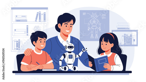 Female teacher sitting at a desk with two young students and a small white robot to explore STEM education and modern learning methods.