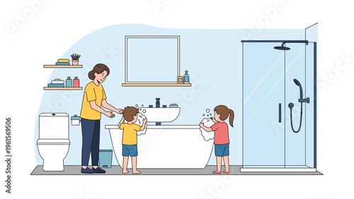 Mother helping her two young children wash their hands at a bathroom sink to teach them the importance of daily cleanliness and hygiene.