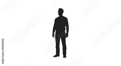 A black silhouette of a man standing alone in the middle of a white background