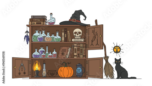 Spooky witch cabinet filled with magical potions, ancient books, a skull, a pumpkin, and a black cat sitting next to a straw broomstick.