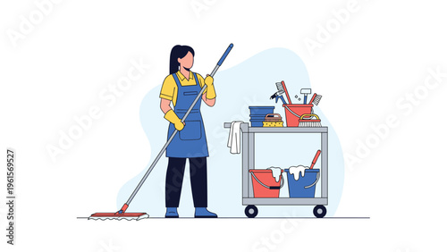 Professional female cleaner in a blue apron standing with a mop next to a utility cart full of cleaning products.