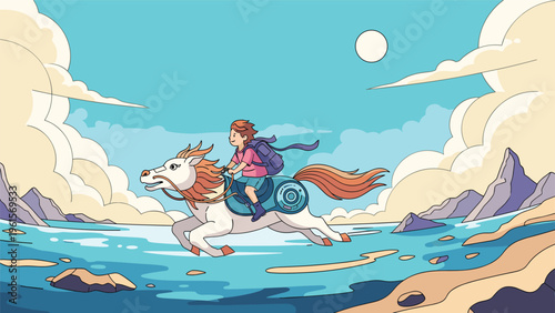Boy riding a robotic white horse across the ocean waves under a bright sun and fluffy clouds in pixel art style.