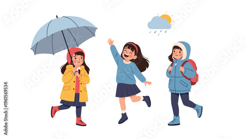 Three young girls in warm winter clothing enjoying the outdoors with one holding an umbrella and another waving her hand happily.