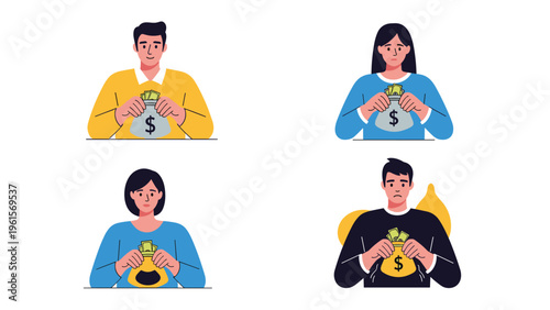 Four different people holding money bags with dollar signs illustrating various financial situations like savings, losses, or donations.