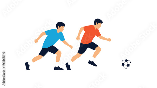 Two young boys in sportswear running across a white background while playing soccer and chasing after a ball.