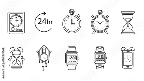 Collection of black and white line icons representing various types of clocks, watches, and timekeeping devices.