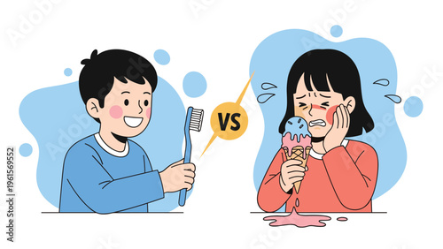 Comparison of a happy boy holding a toothbrush and a crying girl with a toothache holding a melting ice cream.