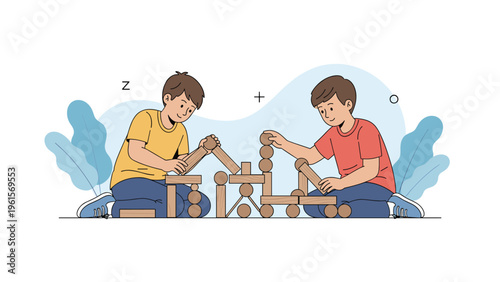 Two young boys sitting on the floor together while playing and building structures with wooden blocks and toys.