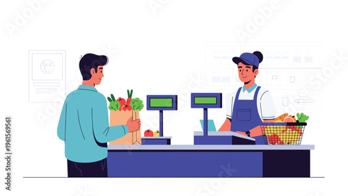 Friendly cashier at a supermarket checkout counter helping a male customer purchase a bag full of fresh vegetables.