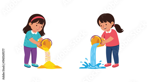 Two little girls playing together with yellow buckets, one pouring out sand and the other pouring out water.