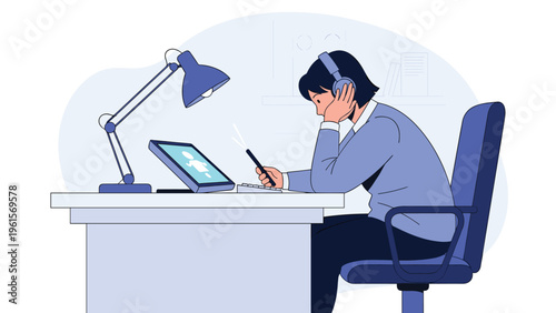 Stressed female office worker wearing headphones and sitting at a desk while looking down at her mobile phone.