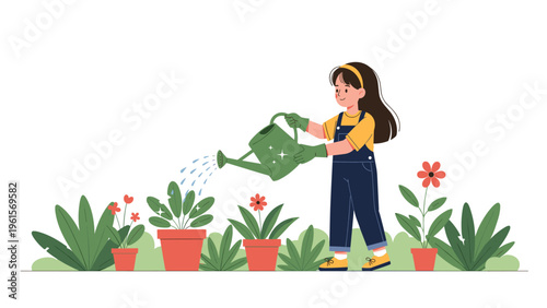 Young girl with long dark hair wearing a yellow shirt and overalls while watering potted plants in a garden.