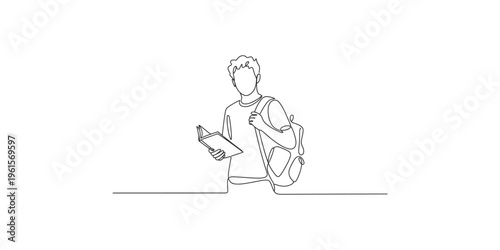 Continuous line drawing of a student with a backpack and books illustration education learning school