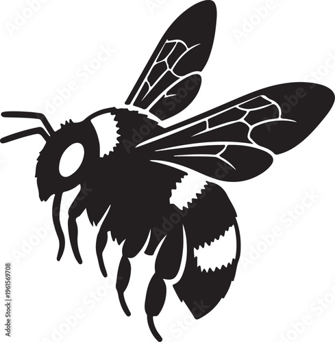 A striking black and white vector silhouette of a bumblebee in flight, showcasing its distinctive fuzzy body and delicate wings.