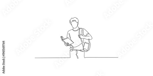 Man walking with backpack and book in hand simple line drawing student commuter one continuous