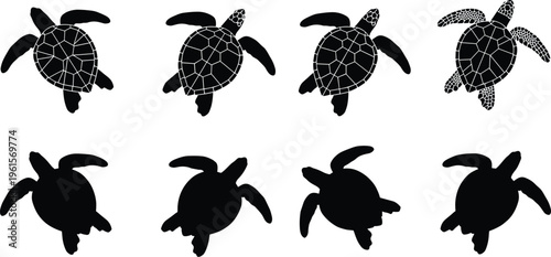 Sea turtle silhouettes, marine reptile vector set, ocean wildlife icons, black turtle shapes, aquatic animal illustrations, nature conservation design