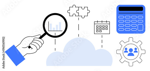 Data analysis, cloud computing, teamwork, business planning, digital tools, remote work. Hand holding magnifying glass over cloud connecting puzzle, calculator calendar. Data analysis and cloud