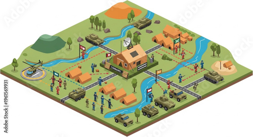 Isometric Military Base Illustration with Tanks and Barracks.