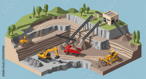 Isometric Quarry Scene with Heavy Machinery and Industrial Operations.